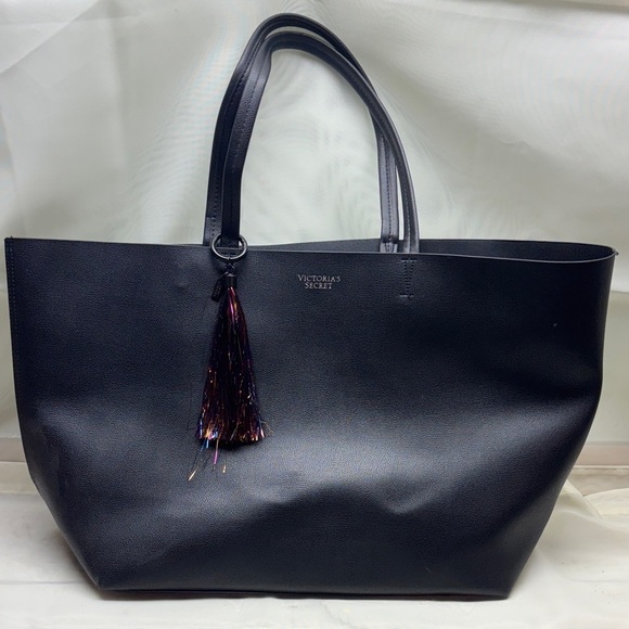 Victoria's Secret Handbags - Victoria's Secret Large Black Faux Leather Tote Bag with Tassel Vegan